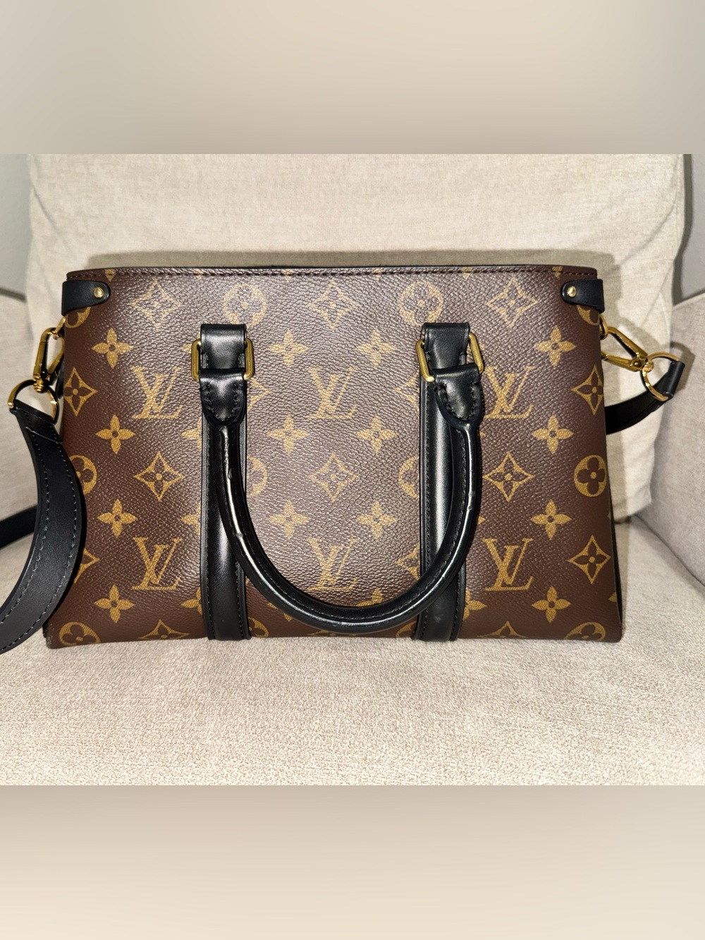 Discontinued Louis Vuitton Brown Monogram Satchel with Black Trim “Soufflot MM” - Picture 2 of 16